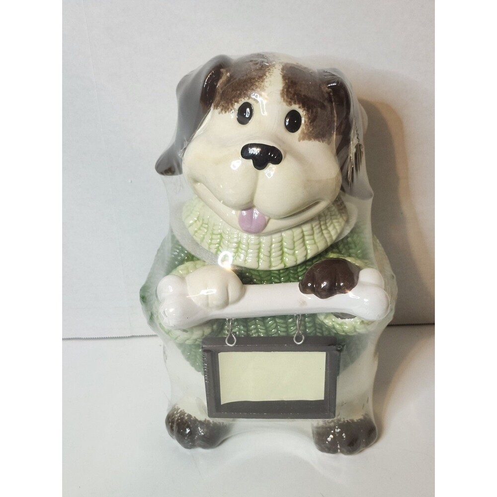 Dog in a Green Sweater with Bone and picture frame Ceramic Cookie Jar by CKA